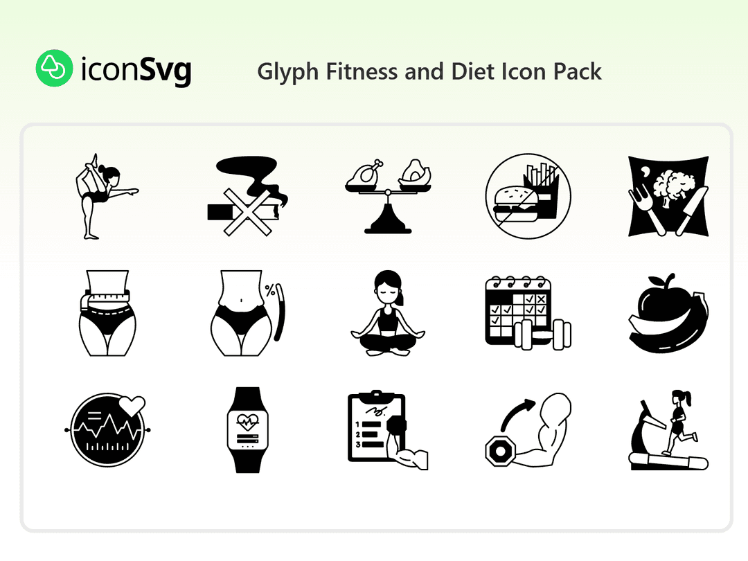 Glyph Fitness und Ernährung Symbol paket