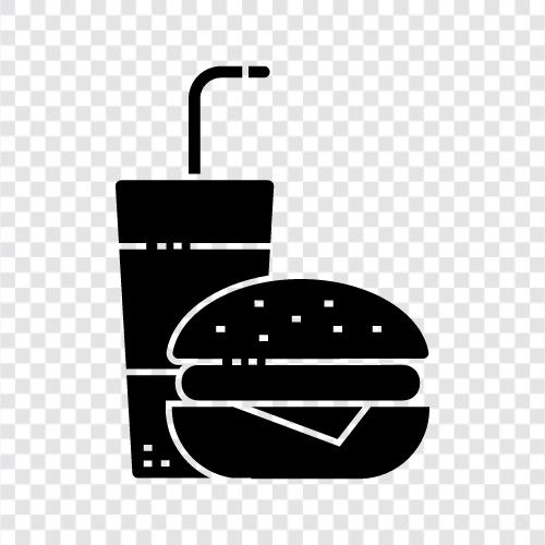 Hamburger, Französisch Fries, Hähnchen Nuggets, Soft Drinks symbol