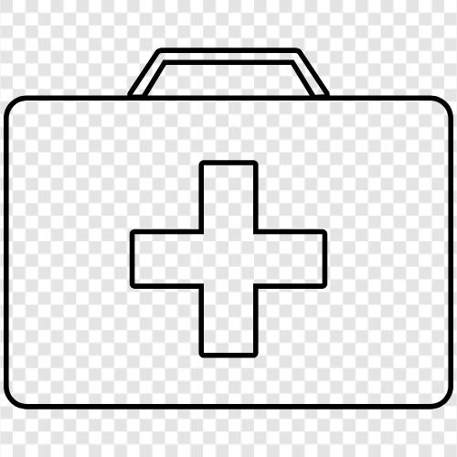 travma kiti, EMS kiti, ilk yardım malzemeleri, ilk yardım talimatları ikon svg