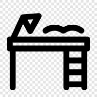 computer desk, office desk, desk chair, desk organizer icon svg