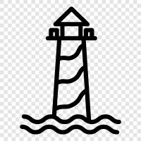 lighthouse, flashing light, lighthouse keeper, light beam icon svg