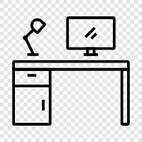 study desk, study chair, study lamp, study materials icon svg