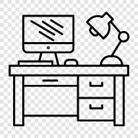 work desk, computer desk, desk chair, office chair icon svg