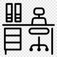 work desk, computer desk, office chair, office storage icon svg